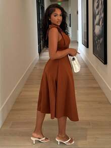 Alexandranx Đầm nữ dáng chữ A thanh lịch lãng mạn không tay thắt nơ eo - Cà phê - Xem 4