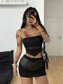 Coolane 女士夏季节日街头服饰西部风波西米亚海滩装 Y2K Gyaru 蕾丝修身抹胸和荷叶边半身裙白色两件套服装 - 黑色 - 查看 6