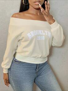 SHEIN SXY Áo nỉ lửng hở vai in chữ dành cho nữ mùa thu/đông - Màu be - Xem 4