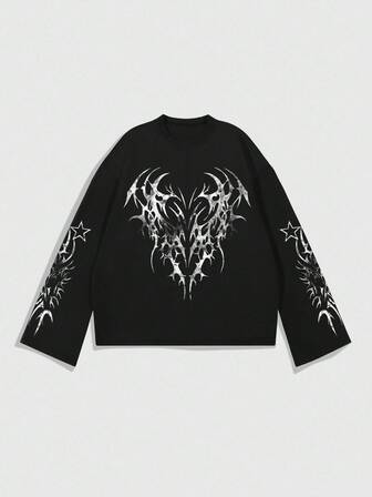 Street Life Men's Gothic Casual Contrast Color Print Loose Fit Long Sleeve T-Shirt, Spring/Autumn