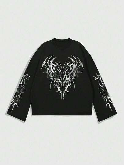 Street Life Men's Casual Contrast Color Print Loose Fit Long Sleeve T-Shirt, Spring/Autumn