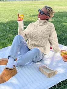 EURMUSE Women Turtleneck Cable Knit Hot Pink Sweater Soft Touch,Jumper,Cream Jumper,Jumpers,Christmas Jumper,White Jumper,Black Jumper,Ladies Jumper,Women's Jumpers - Apricot - View 4