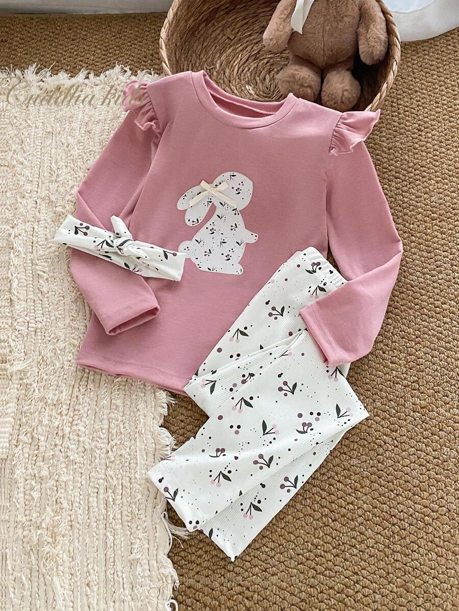 Genkimix Kids 2pcs/Set Toddler Girls' Cute Floral Print Long Sleeve Top And Pants Casual Elegant Pajamas Girl Pajama Set Girls Pajama Set Kids Pj Set Girl Girls Lounge Set Bunny Pajama Set Christmas Fall Winter