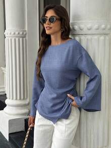 Selianne 女士休闲日常简约纯色落肩宽松喇叭袖褶裥腰部不对称下摆衬衫，春秋季女装 - 藍色 - 查看 5