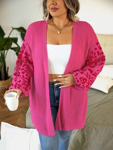 Calvaya 大码女式豹纹休闲宽松开衫，秋冬 - 玫紅色 - 查看 3