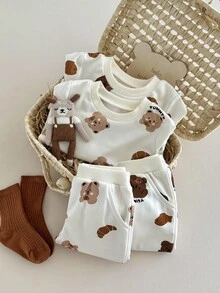 SHEIN 4pcs/Set Baby Boys' Outfit,Cute Off-White Cocoa Bear & Fish Print,YUMMY Letter,Ribbed Cuffs & Hem,Comfortable Autumn Casual Wear,Family Matching - Apricot - View 8
