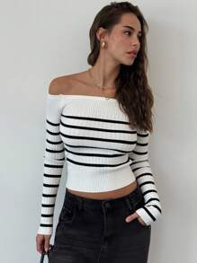 Aloruh 女士新款秋冬露肩简约时尚街头潮流撞色黑白条纹修身短款针织上衣 - 白色 - 查看 7