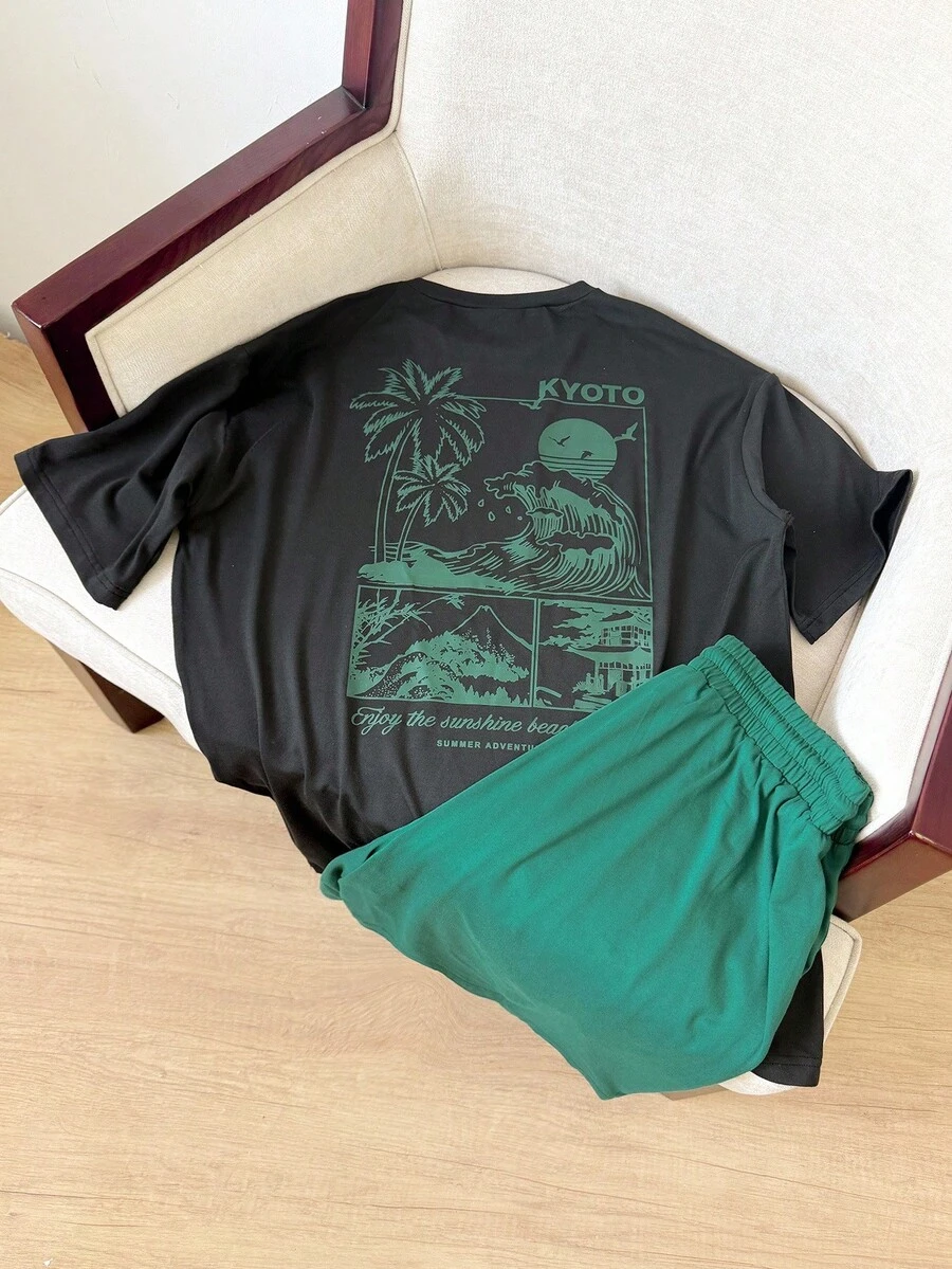 Mainfolk 男士休闲T恤两件套宽松版型拼色夏威夷度假风图案印花套装 - 彩色 - 查看 1