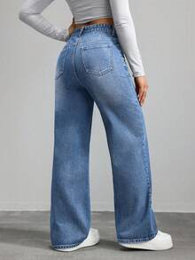 SHEIN ICON Quần denim ống rộng cạp cao có túi tiện dụng đa năng cho nữ - Rửa tối - Xem 2