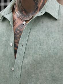 Manfinity CasualCool Men's Casual Button-Up Long Sleeve Shirt, Minimalist Daily Wear Men Linen Shirt Teal Men Shirt Turquoise ,Fall - Mint Green - View 3