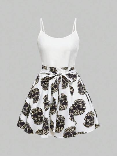 Goth Vestido de tirantes con estampado de esqueleto y patchwork para mujer