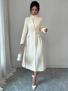 Selianne 女士优雅复古法式通勤大衣，端庄街头时尚下午茶派对必备，翻领双排扣金属纽扣腰部口袋长袖大衣，秋冬女装 - 杏色 - 查看 5