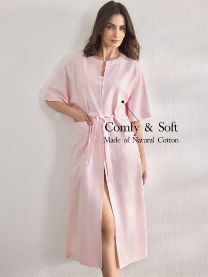 Ocili 女士舒适宽松棉混纺中袖粉色条纹系带长袍、睡衣休闲长袍