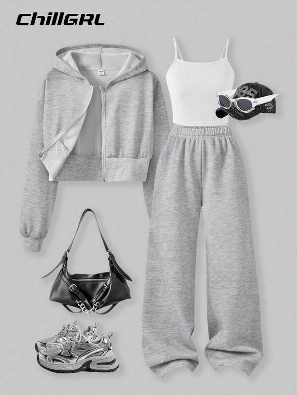 SHEIN Conjunto de moda casual de 3 piezas para adolescentes, incluye chaqueta con capucha de felpa de unicolor, camiseta de tirantes y pantalones anchos, adecuado para uso diario, ir al trabajo y la escuela