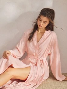 Ocili 女士长款粉色V领休闲睡袍，落肩袖设计，前襟打结，适合秋冬季穿着 - 黑色 - 查看 4