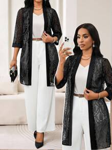SHEIN Lady Women's Elegant Black Tea Party Cardigan,Shiny Shimmering Filigree Fabric Thin Midi Jacket,Lightweight Autumn Winter Clothes Casual Vacation Simple - White - View 1