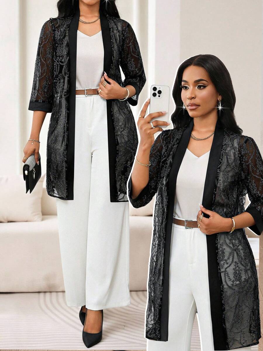 SHEIN Lady Women's Elegant Black Tea Party Cardigan,Shiny Shimmering Filigree Fabric Thin Midi Jacket,Lightweight Autumn Winter Clothes Casual Vacation Simple - White - View 1