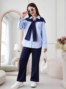 Teenage Girl Solid Color Long Sleeve Button Up Blouse + Straight Leg Pants 2pcs Outfit - Blue - View 7