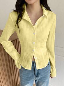 少女法式收腰设计长袖喇叭袖荷叶边下摆休闲衬衫，适合夏季日常时尚穿着，秋冬季皆宜。 - 黃色 - 查看 4