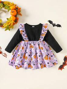 SHEIN Baby Girl Cute Halloween Pattern Long Sleeve Dress, Suitable For Autumn/Winter, Daily Wear Fall - Multicolor - View 9