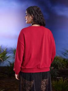 Corpse Bride X SHEIN Felpa oversize da donna casual con stampa di personaggi horror e lettere, scollo a goccia, morbida, adatta per primavera/autunno - Rosso - Visualizzare 2