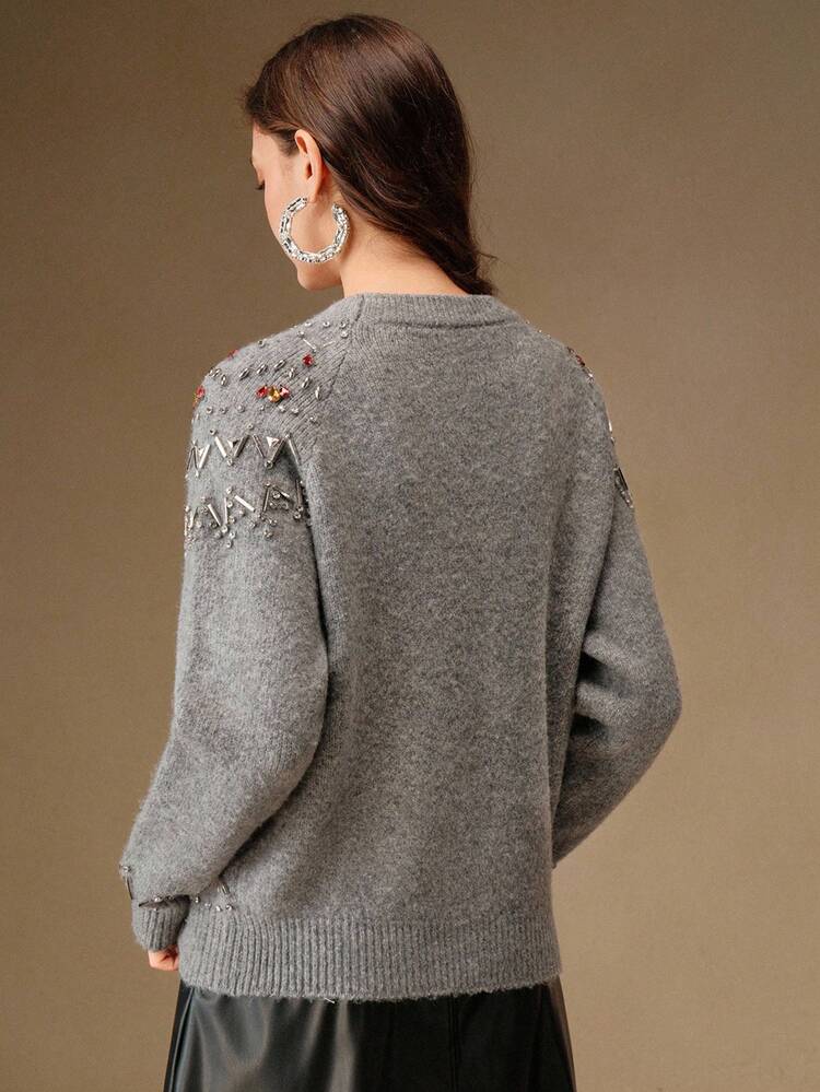 Elegante Suéter de Gola Redonda com Bordado de Strass e Lantejoulas em Estilo Francês, Outono/Inverno