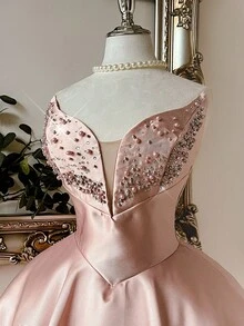 Lovelzi Elegant Champagne Strapless Dress With Unique Neck Design, Luxury Rhinestones, High Waist A-Line Silhouette, Adjustable Tie Back, Formal Gown, Party Dress, Prom Dress - Champagne - View 2