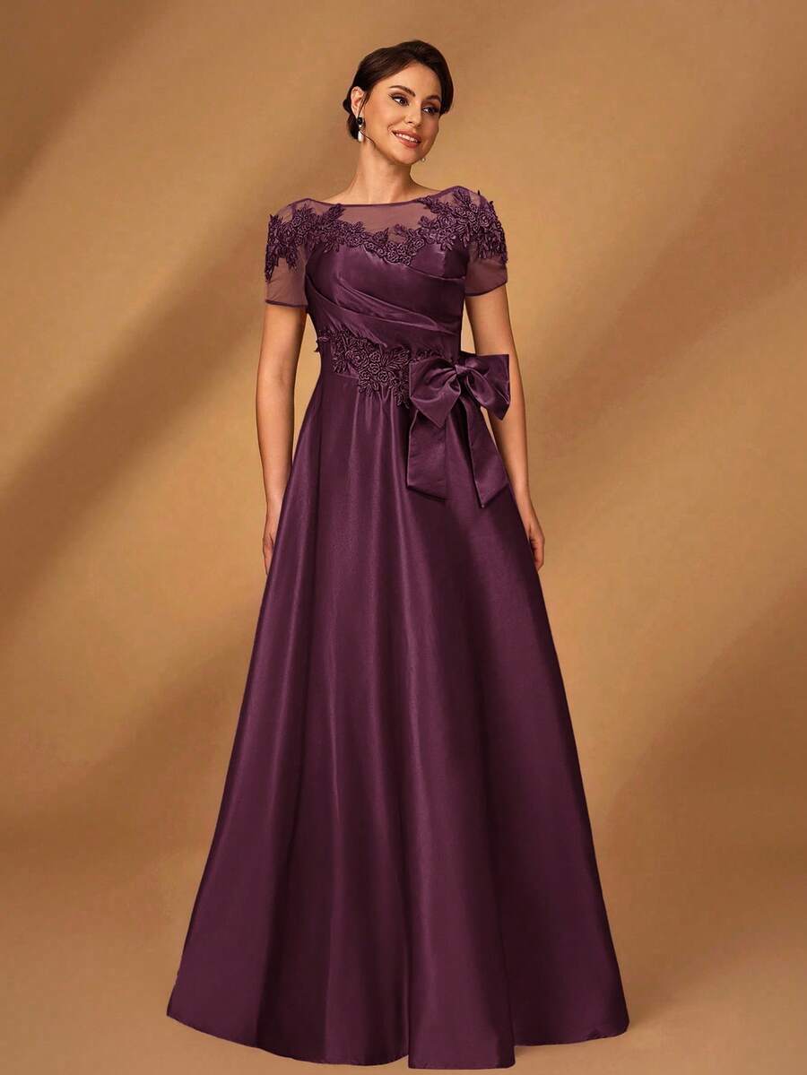 Serin 优雅奢华浪漫网眼拼布缎面褶饰奢华串珠贴花短袖蝴蝶结 A 字下摆连衣裙，适合晚会、约会、度假、舞会、婚礼、新娘母亲礼服 - 紫色 - 查看 1