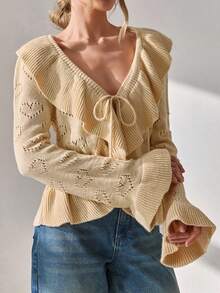 CLARA VERO Spring Autumn Casual Hollow Out Heart Shape Pattern Ruffle Pattern Tie Front Cardigan,Cardigans For Women,Cardigans,Winter Clothes - Apricot - View 7