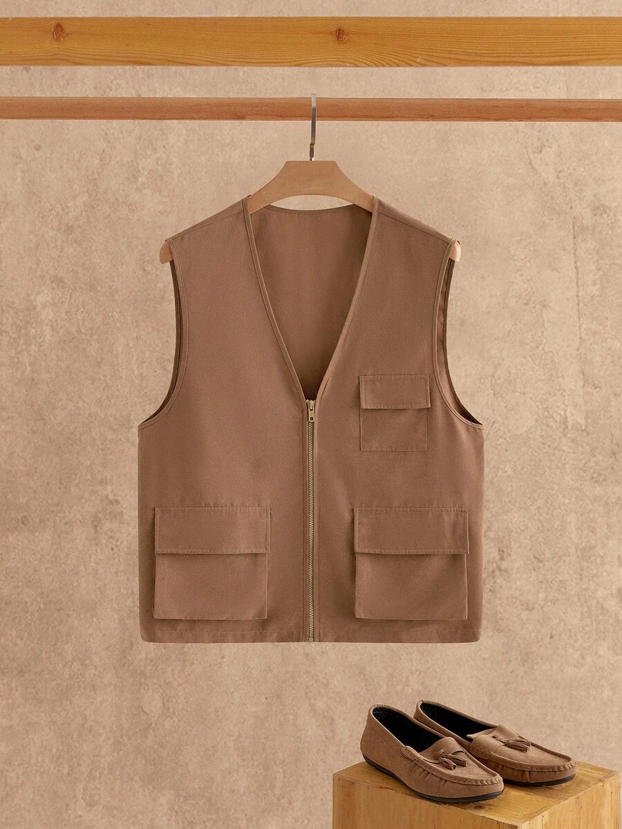 Manfinity NXTstreet Men's Casual Zip Up Multi-Pocket Vest, Fall Winter - Brown - View 1