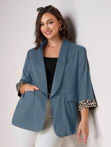 SHEIN Clasi Plus Size Women's Blazer Jacket With Leopard Print Contrast Cuffs, Elegant For Daily, Business And Commuting Wear In Fall/Winter - Dusty Blue - View 5