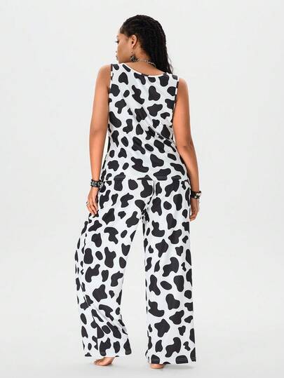 Kawaii Ensemble de pyjama casual avec débardeur et pantalon imprimé vache, grande taille, été