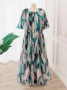 Reflora Plus Size Apricot Floral Print Elegant Lady Chiffon Ruffle Graceful Summer Dress - Multicolor - View 7