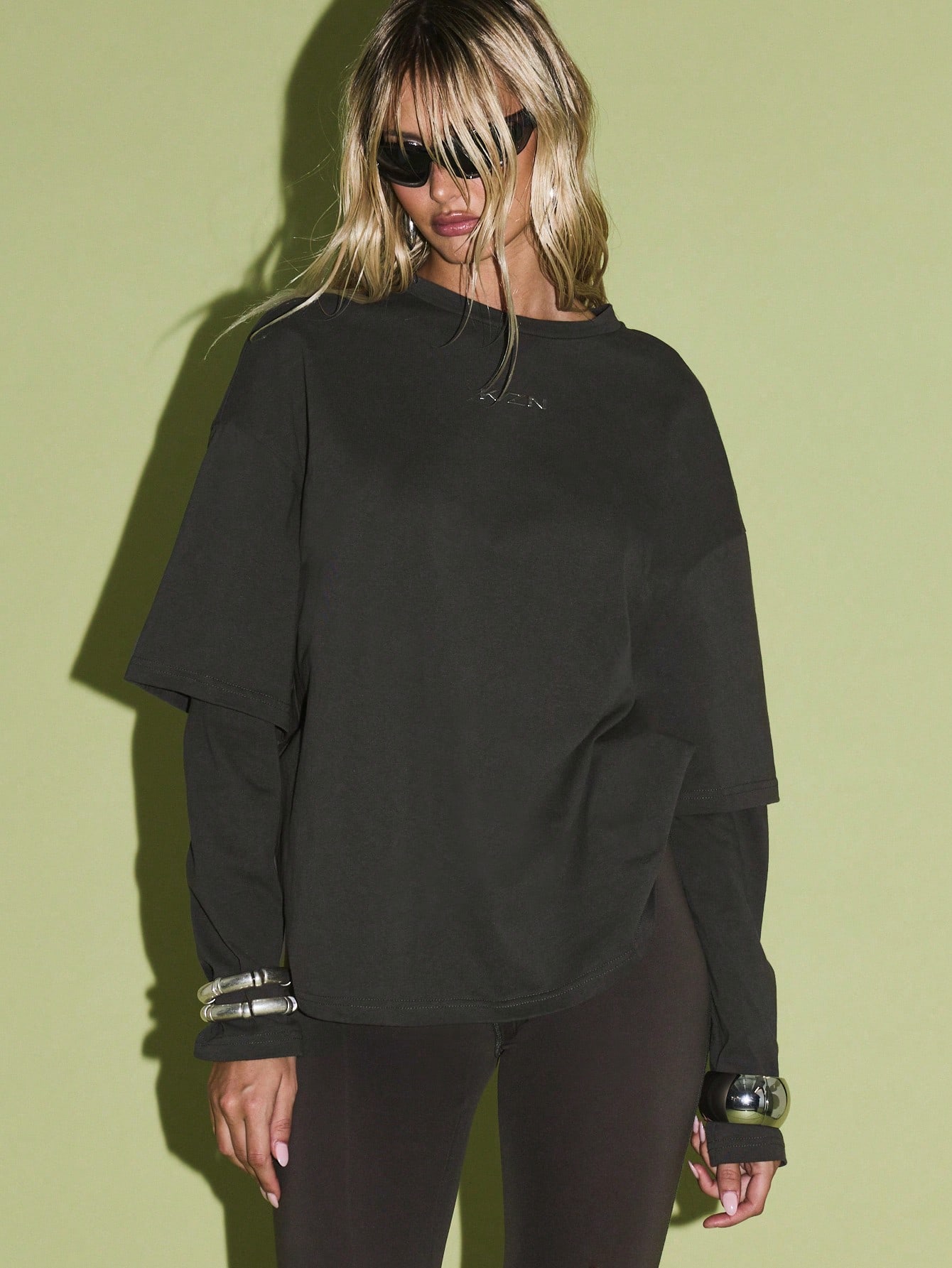 KIZN Double Layer Long Sleeve Oversized T Shirt With Crew Neck