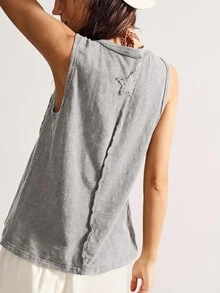 Bohemela Boho Countryside Vacation Style Solid Color Washed Knit Patchwork Crochet Pocket V-Neck Sleeveless Fitted Women Tank Top - Grey - View 2