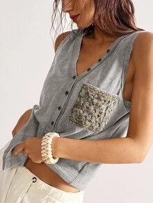 Bohemela Boho Countryside Vacation Style Solid Color Washed Knit Patchwork Crochet Pocket V-Neck Sleeveless Fitted Women Tank Top - Grey - View 7