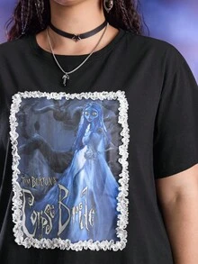 Corpse Bride X SHEIN 大码卡通人物图案圆领短袖T恤 - 黑色 - 查看 4