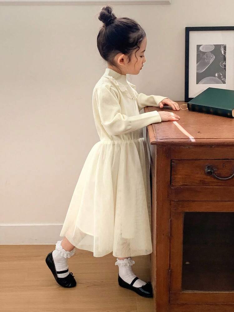 Young Girl Lace Patchwork Round Neck Ruffle Hem Mesh Patchwork Long Dress, Spring/Autumn