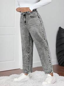 SHEIN ICON Plus Size Women Blue Casual Slim Tapered Cropped Jeans - Grey - View 5