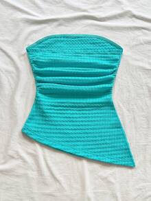 Soleia Women's Vacation Strapless Blue Textured Asymmetrical Hem Side Slit Ruched Fitted Top - Teal Blue - View 2
