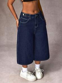 SHEIN ICON Quần jean ống rộng túi xéo dáng rộng mùa hè cỡ lớn - Rửa tối - Xem 5