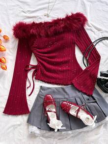 Soleia 女士假日锚图案红色亮片纹理针织露脐上衣，不对称下摆，适合圣诞节、万圣节、派对、约会、情人节、性感显瘦、狂欢节、复活节、西部风情、邮轮旅行、假日、下午茶、海滩、海岛度假、城市旅行、婚礼季、音乐节、波西米亚风度假等场合。 - 酒紅色 - 查看 1