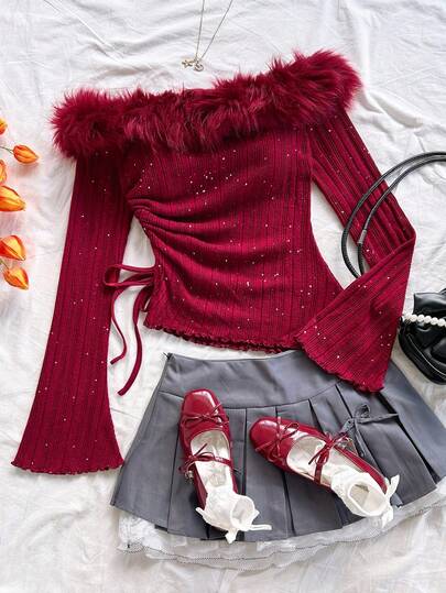 Soleia 女士假日锚图案红色亮片纹理针织露脐上衣，不对称下摆，适合圣诞节、万圣节、派对、约会、情人节、性感显瘦、狂欢节、复活节、西部风情、邮轮旅行、假日、下午茶、海滩、海岛度假、城市旅行、婚礼季、音乐节、波西米亚风度假等场合。