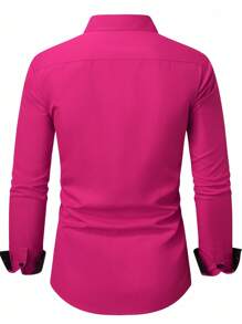 Manfinity Mode Men's Contrast Color Long Sleeve Single-Breasted Pocket Casual Formal Shirt,Fall - Hot Pink - View 2