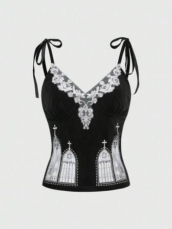 Goth Gotischer Kreuz-Fenster-Muster Samt-Camisole für Frauen, Halloween