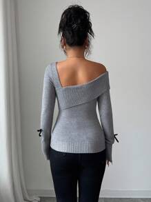 Selianne Women's Solid Color Bow Decor Asymmetric Neckline Long Sleeve Pullover Sweater Fall Winter Cloth For Women - Grey - View 2