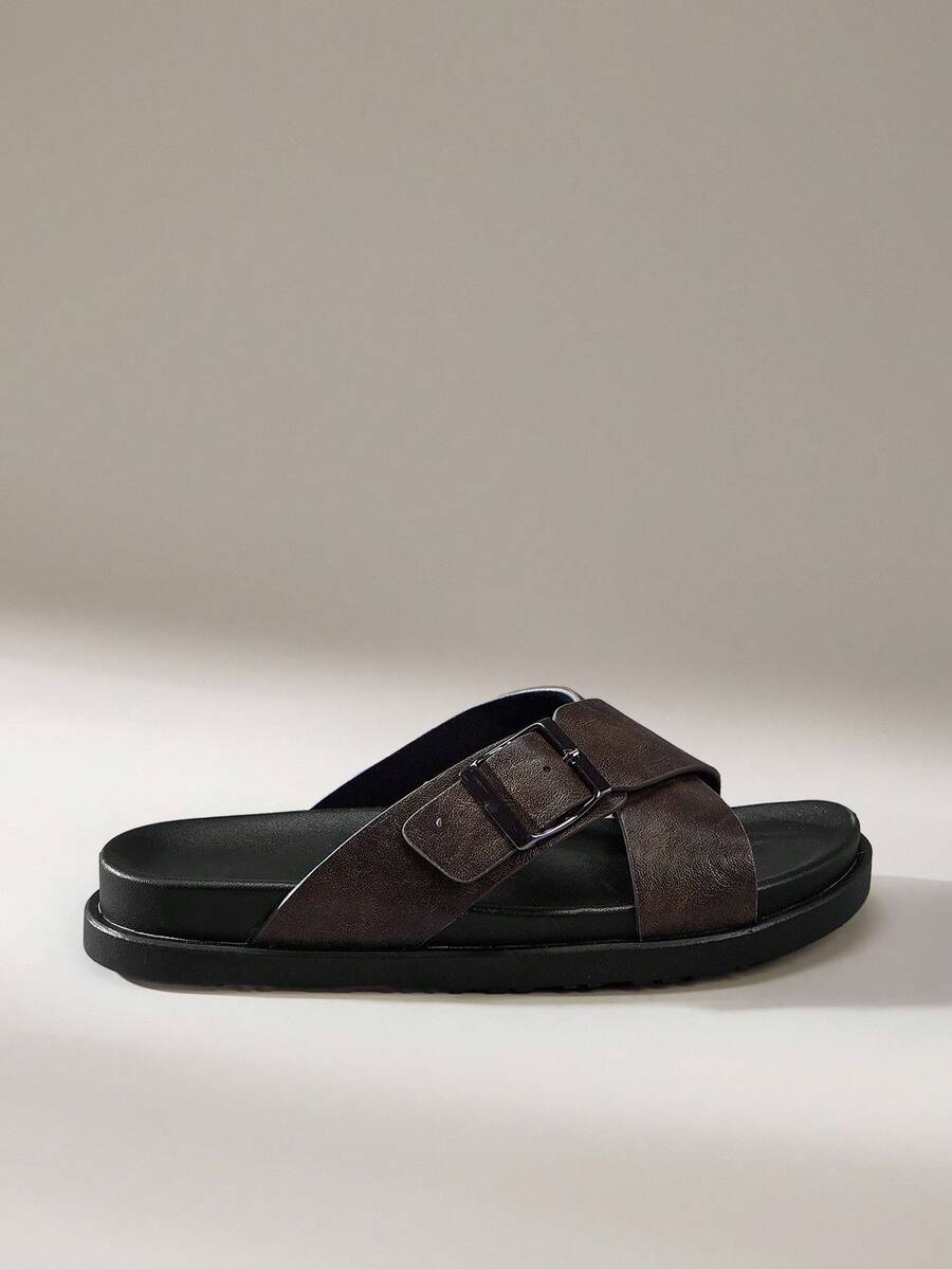 Solecia 2025 Summer Men's Casual Slip-On Sandals With Criss-Cross Straps, Fashionable Beach Shoes, Slim Fit For Young Adults - Brown - View 1