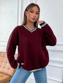 Flirla Women's Autumn Dropped Shoulder Long Sleeve Basic V-Neck Sweatshirt, Collegiate Style Fall Cloth For Women - Red - View 3