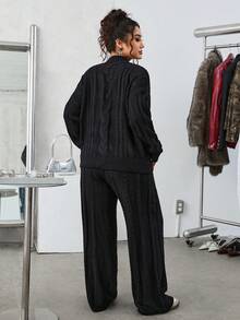 SHEIN EZwear 2 件套纯色圆领长袖休闲套头毛衣和裤子，加大码，秋冬两件套女士毛衣套装女士黑色针织套装粗针织毛衣套装 - 黑色 - 查看 2
