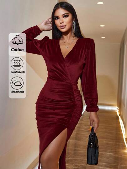 RueChic Surplice Neck Ruched Split Thigh Velvet Dress
